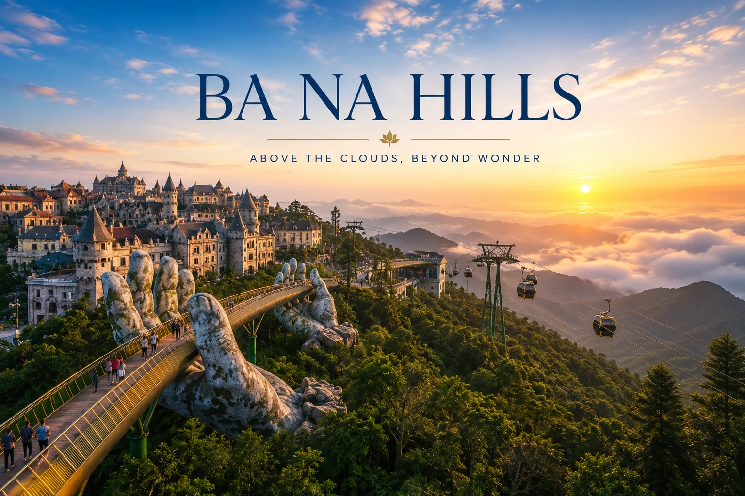Golden Bridge Ba Na Hills Vietnam held by giant stone hands mountain view