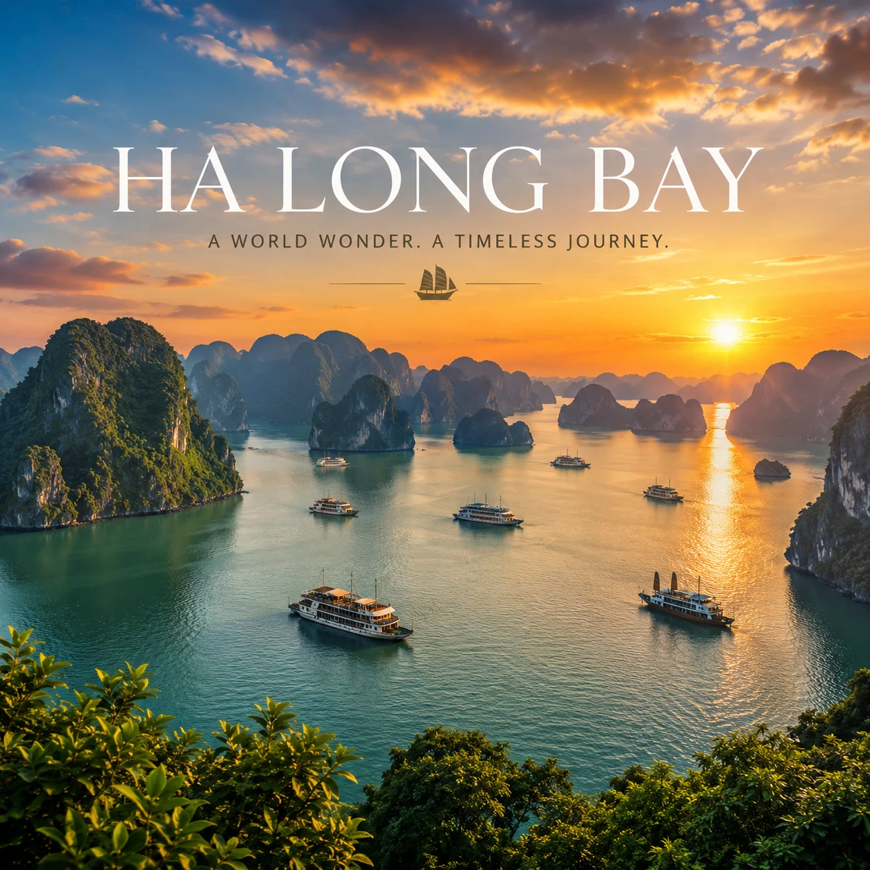 Limestone karst islands rising from emerald waters of Ha Long Bay Vietnam