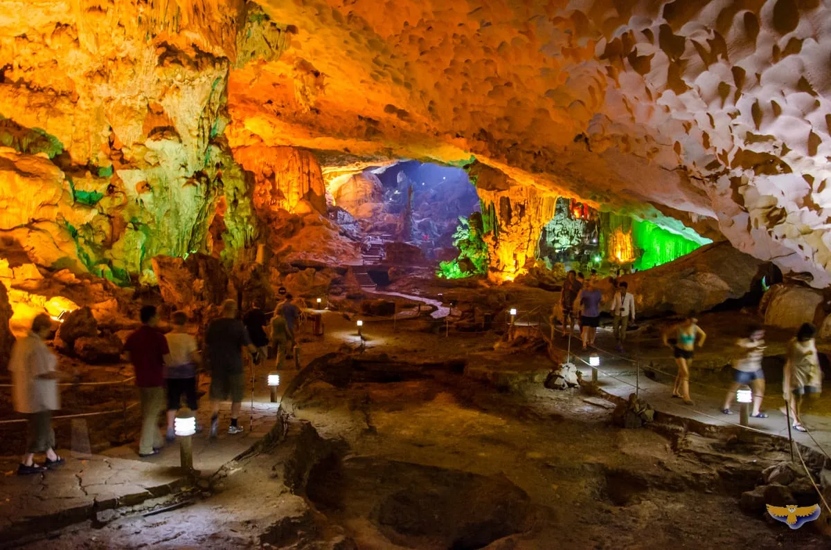 Dramatically lit interior of Sung Sot Cave Ha Long Bay