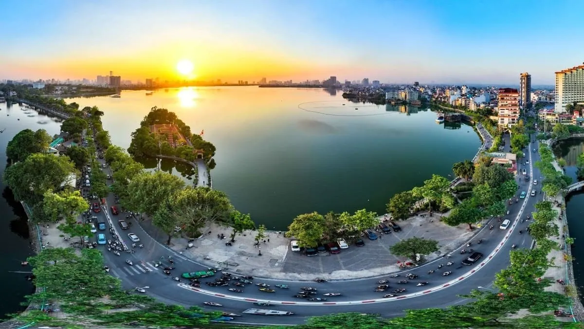 West Lake Hanoi at sunset with Tran Quoc Pagoda