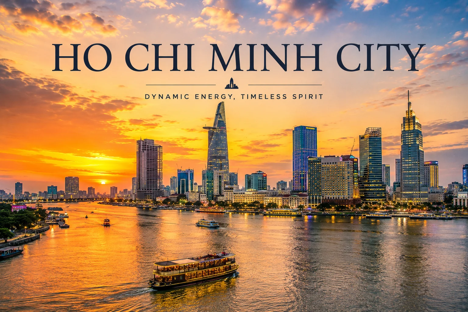 Ho Chi Minh City Saigon skyline at night with Bitexco Tower and Saigon River Vietnam