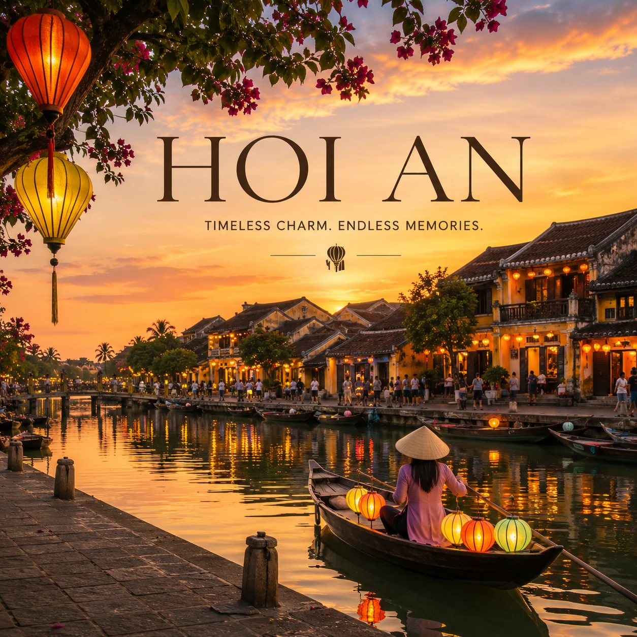 Lantern-lit Old Town of Hoi An at night with reflections on the Thu Bon River Vietnam