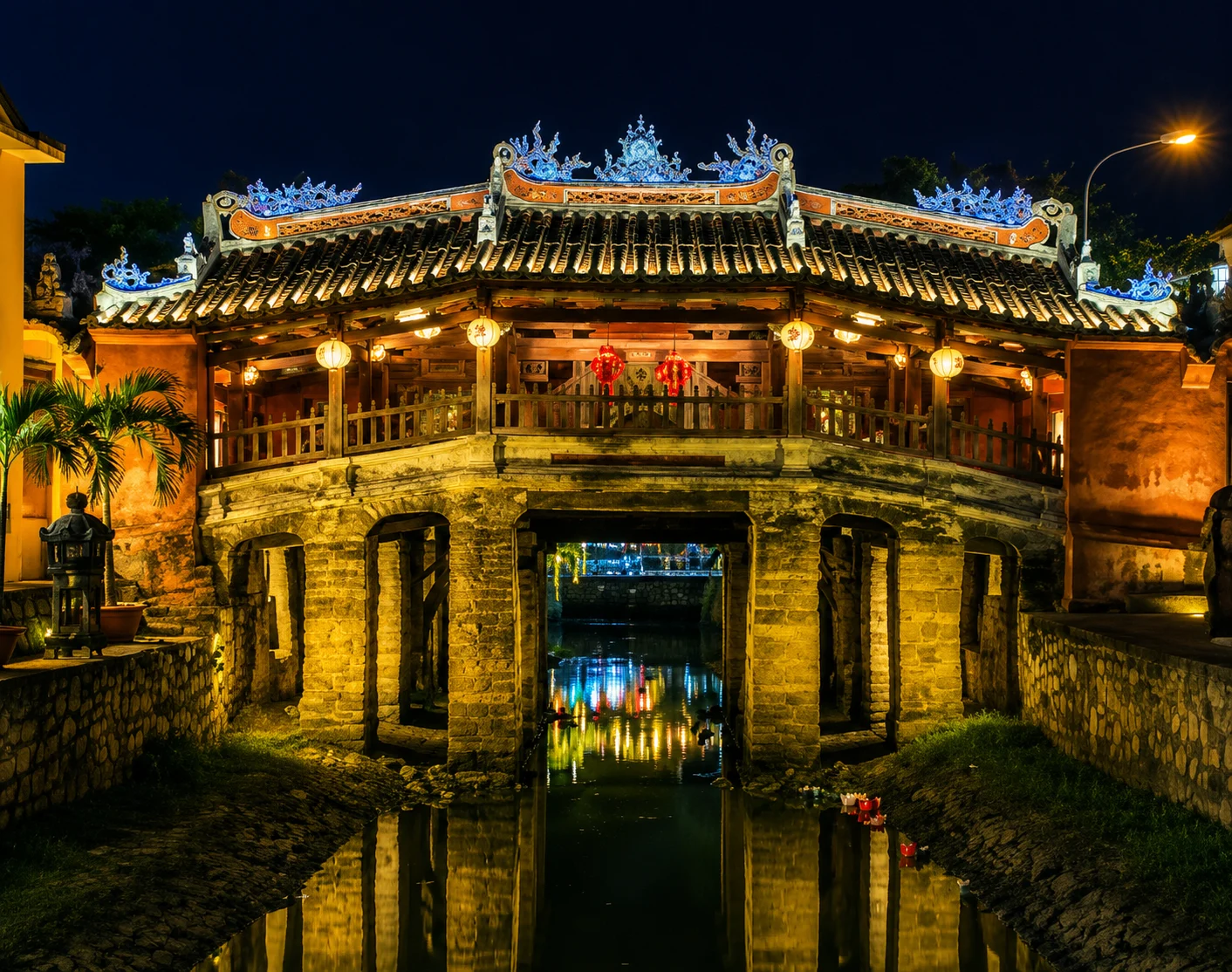 400-year-old Japanese Covered Bridge with lanterns Hoi An Vietnam