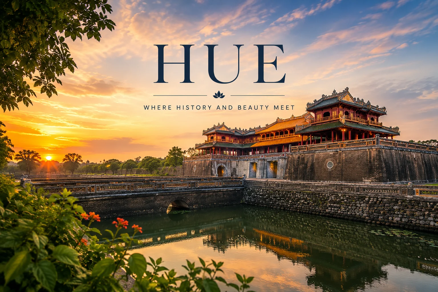 Meridian Gate (Ngo Mon) of the Imperial Citadel of Hue Vietnam with moat and golden towers