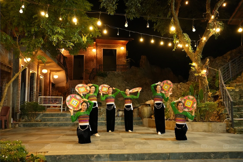 Traditional Thai music drum performance sunset Mai Chau homestay Vietnam