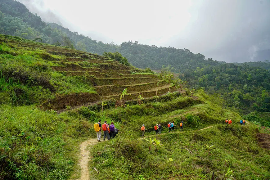 Trekking through ethnic villages and hills Mai Chau northern Vietnam
