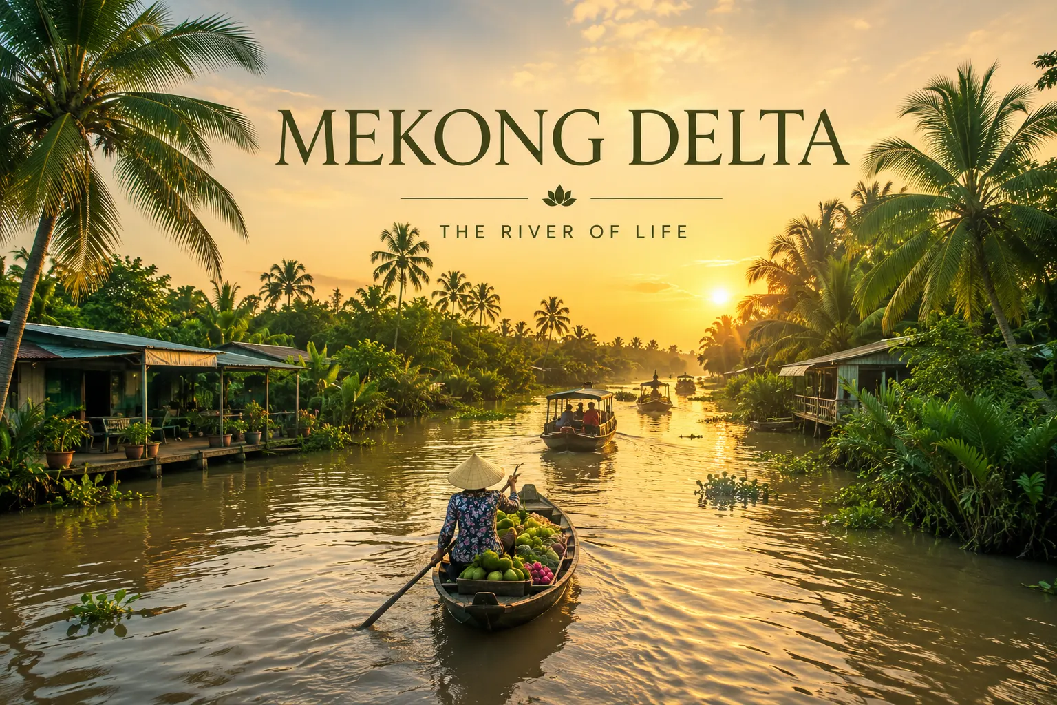 Cai Rang floating market at dawn with colorful boats stacked with tropical fruit Mekong Delta Vietnam