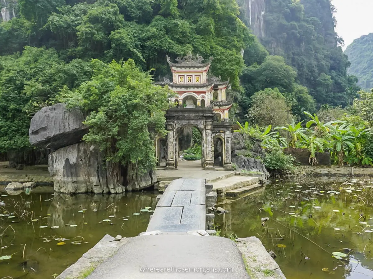 Bich Dong Pagoda built into karst cave with stone steps Ninh Binh Vietnam