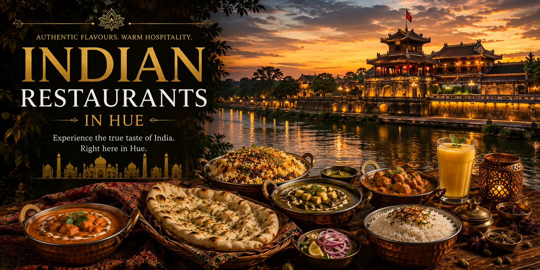 Indian restaurant in Hue's New City area with imperial city skyline in background