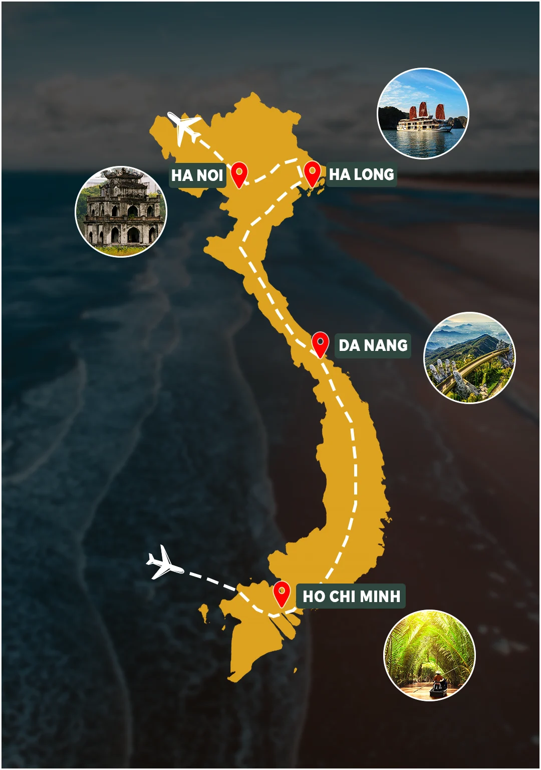 Best of Vietnam 9 Days route map: Ho Chi Minh City – Mekong Delta – Da Nang – Hanoi – Ha Long Bay
