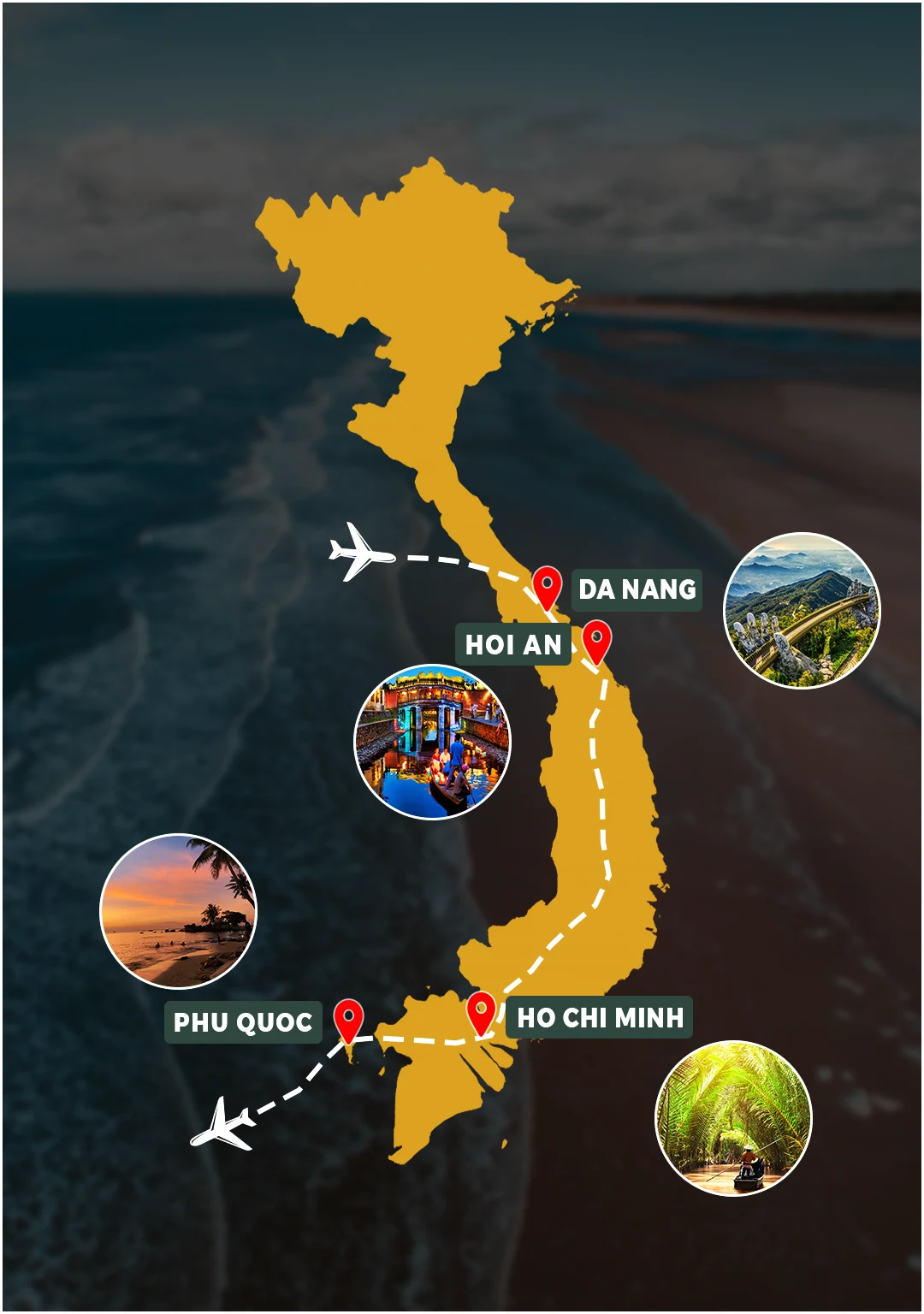 Golden Moments route map: Da Nang – Hoi An – Ho Chi Minh City – Phu Quoc