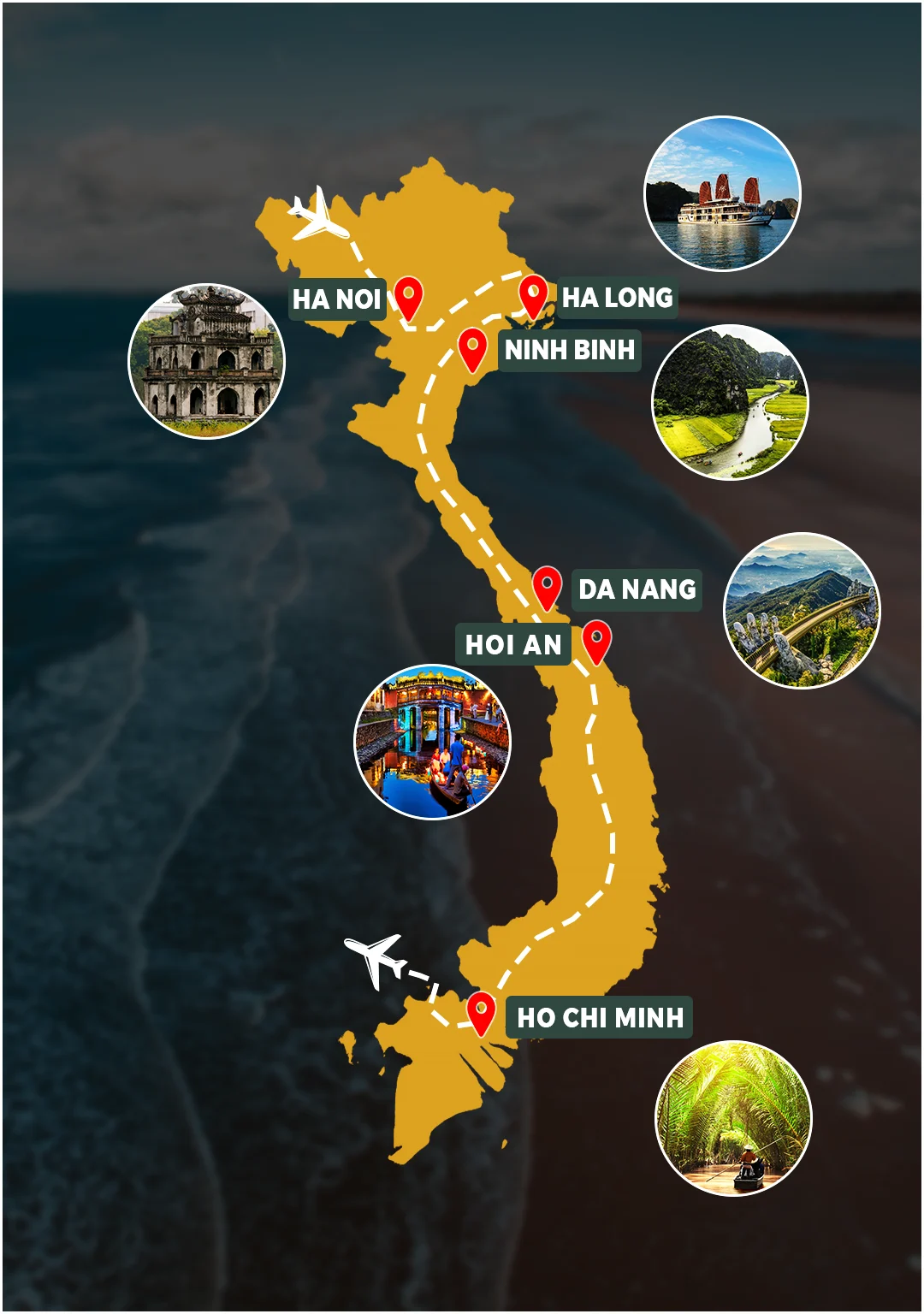Best of Vietnam route map: Hanoi – Ninh Binh – Ha Long – Da Nang – Hoi An – Ho Chi Minh – Mekong