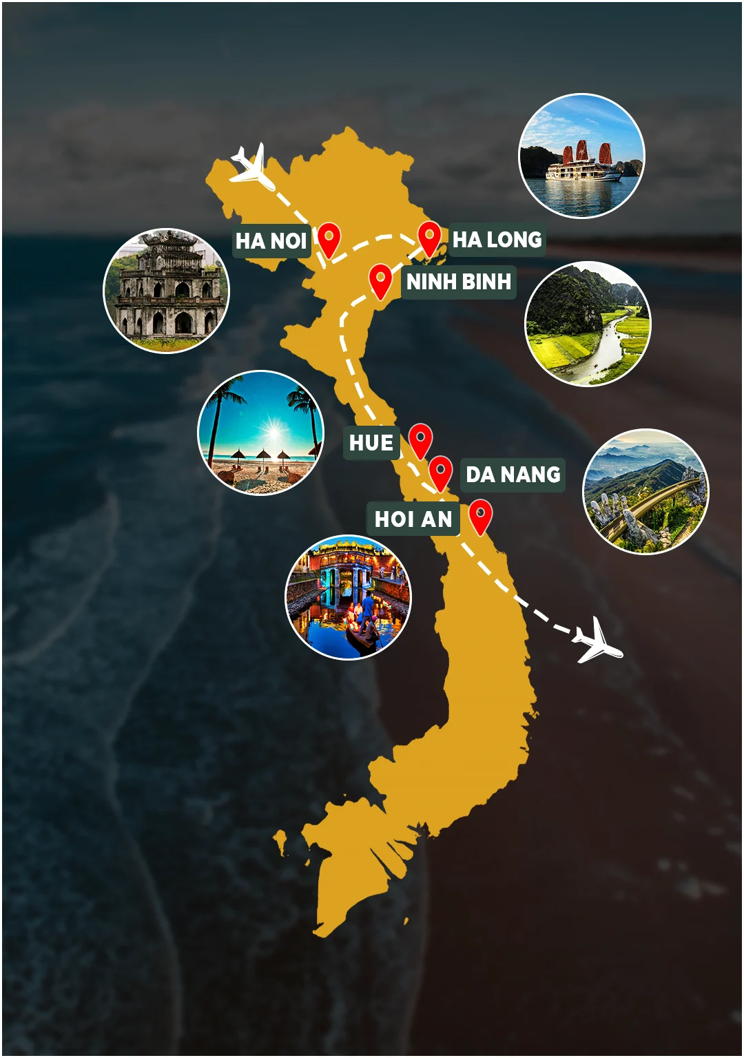 Route map: Hanoi – Ninh Binh – Ha Long Bay – Da Nang – Hue – Hoi An