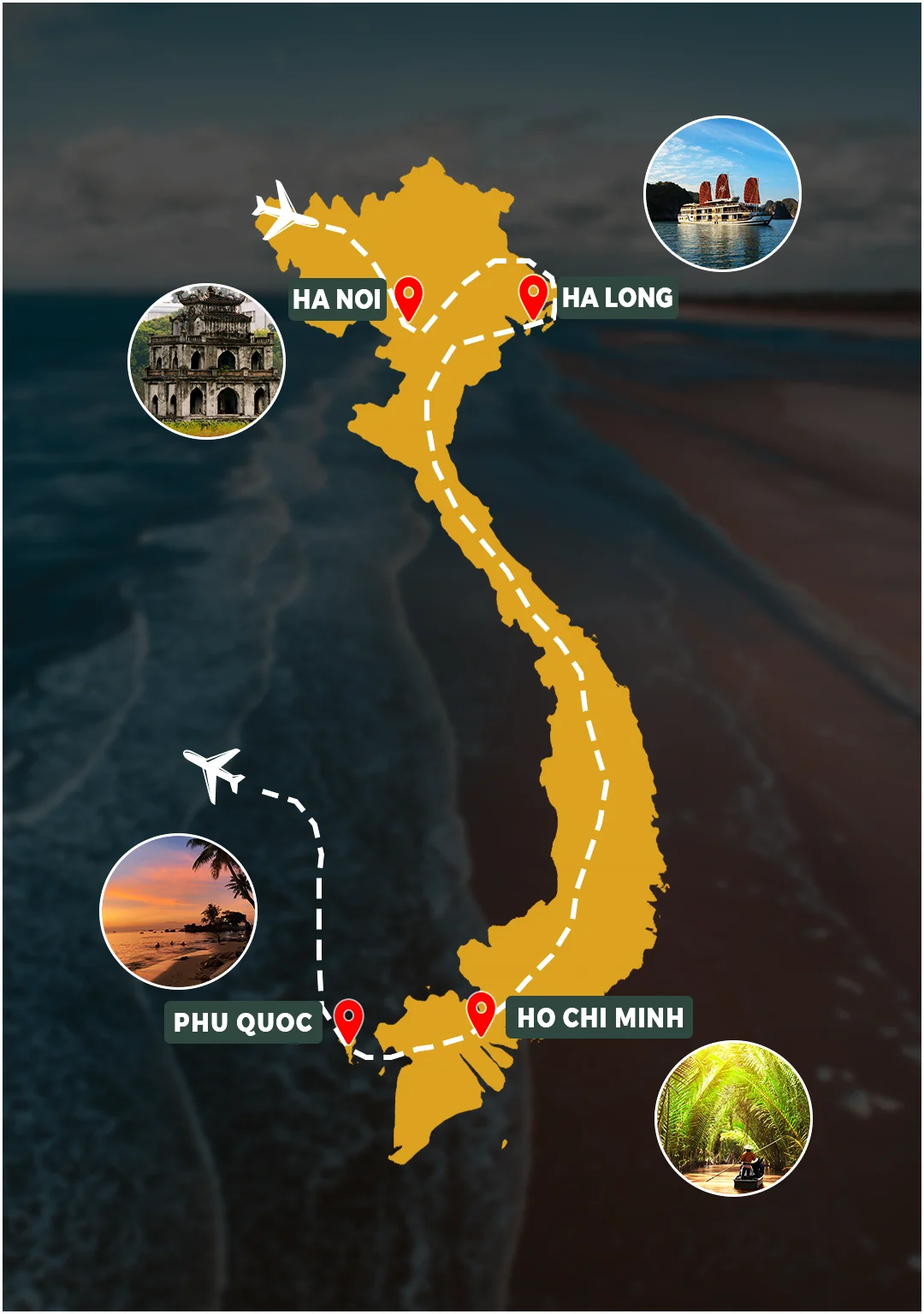 Ultimate Vietnam 8 Days route map: Hanoi – Ha Long Bay – Ho Chi Minh City – Phu Quoc