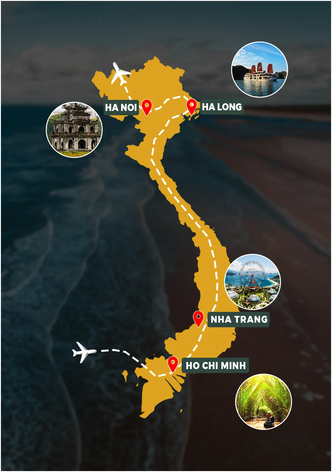 Route map: Ho Chi Minh City – Nha Trang – Hanoi – Ha Long Bay