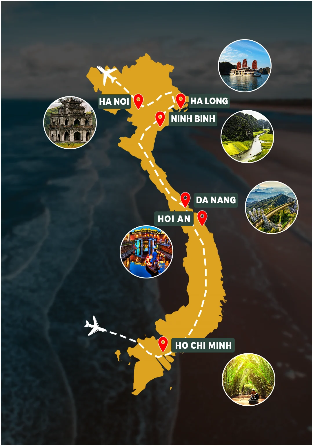 Vietnam 12 Days route map: Ho Chi Minh City – Mekong Delta – Da Nang – Hoi An – Hanoi – Ninh Binh – Ha Long Bay