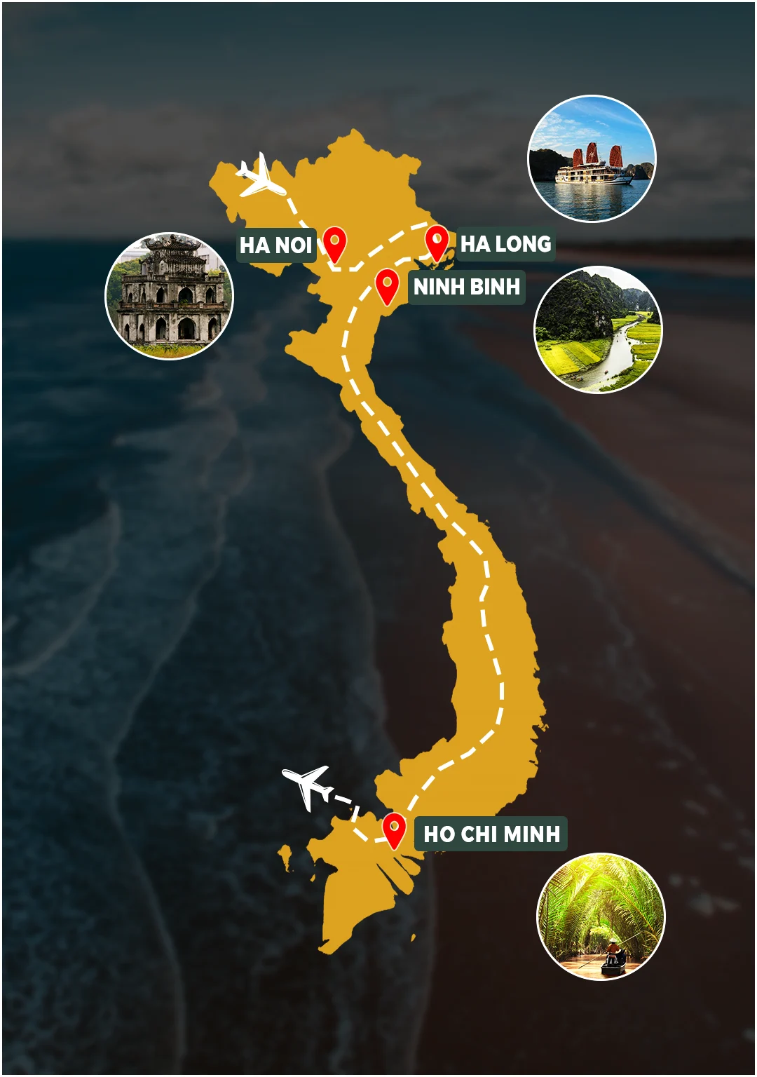 Vietnam Highlights route map: Hanoi – Ninh Binh – Ha Long Bay – Ho Chi Minh City