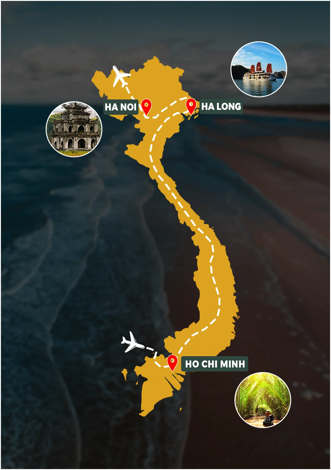 Vietnam South to North route map: Ho Chi Minh City – Hanoi – Ha Long Bay