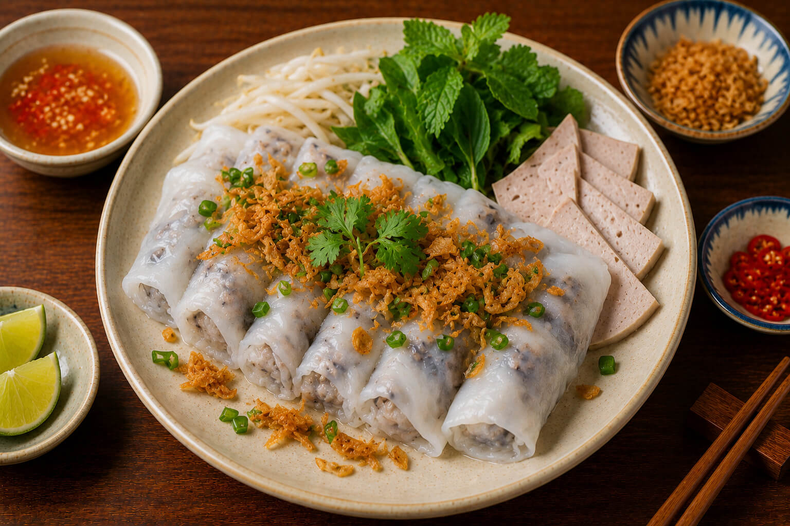 Banh cuon steamed rice rolls with shallots