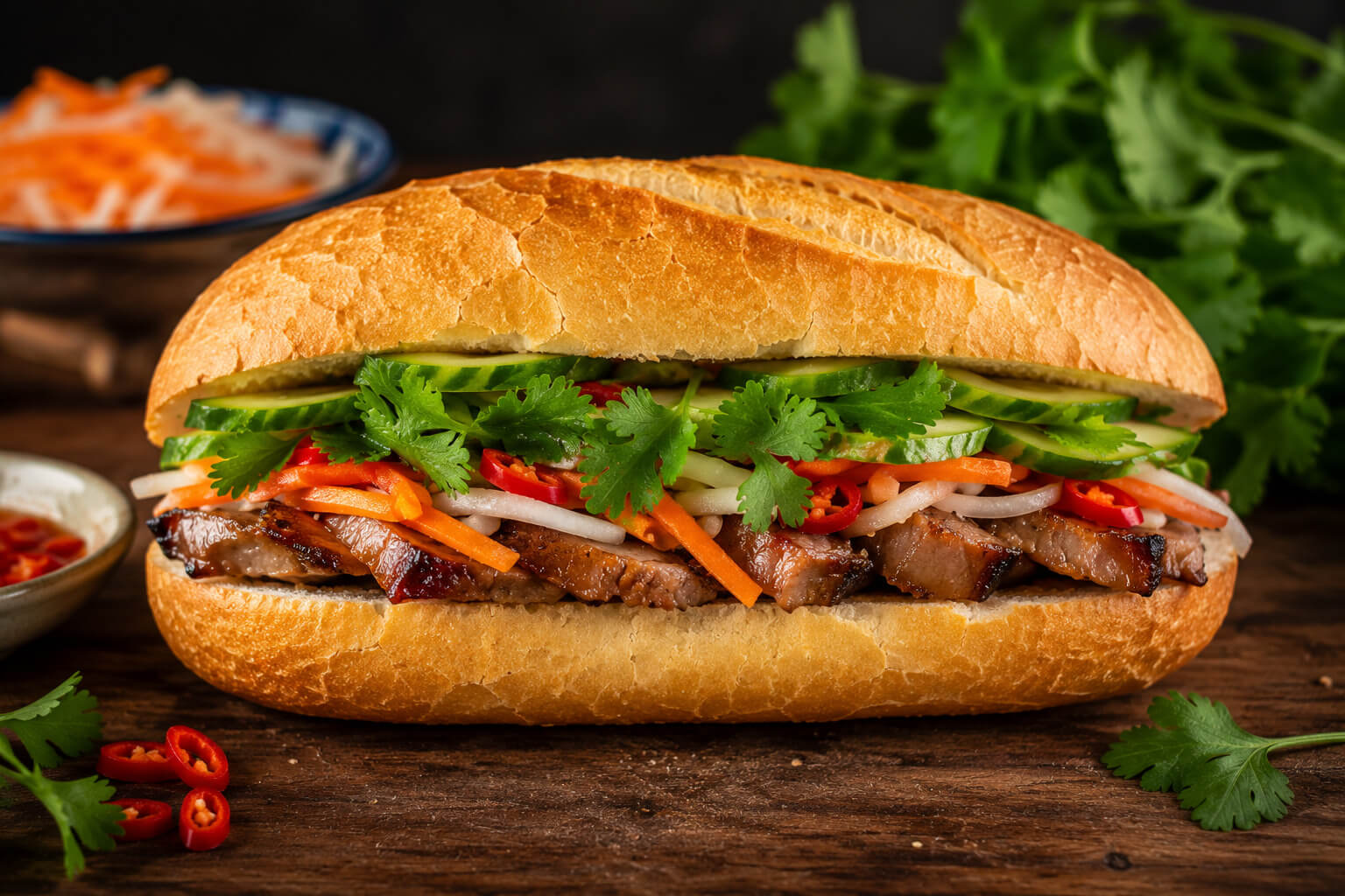 A freshly made Bánh Mì split open showing pâté, pickled vegetables, coriander and chilli on a crispy baguette