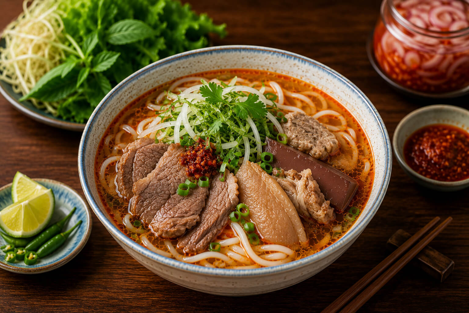 A bowl of bún bò Huế with thick round noodles, beef shank, pork knuckle and red chilli oil in a deep red lemongrass broth