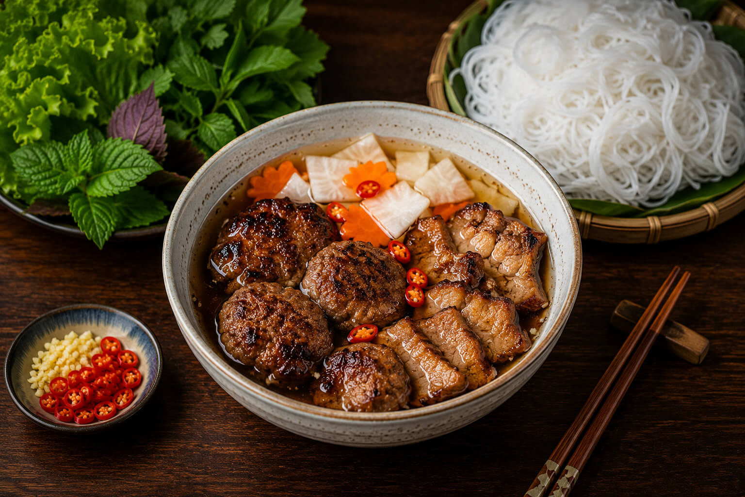 A bowl of bún chả — grilled pork patties and pork belly in a fragrant noodle broth with fresh herbs in Hanoi