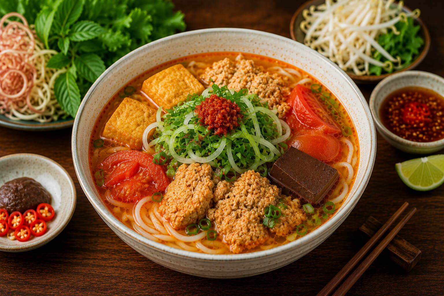A bowl of bun rieu cua with tomato broth