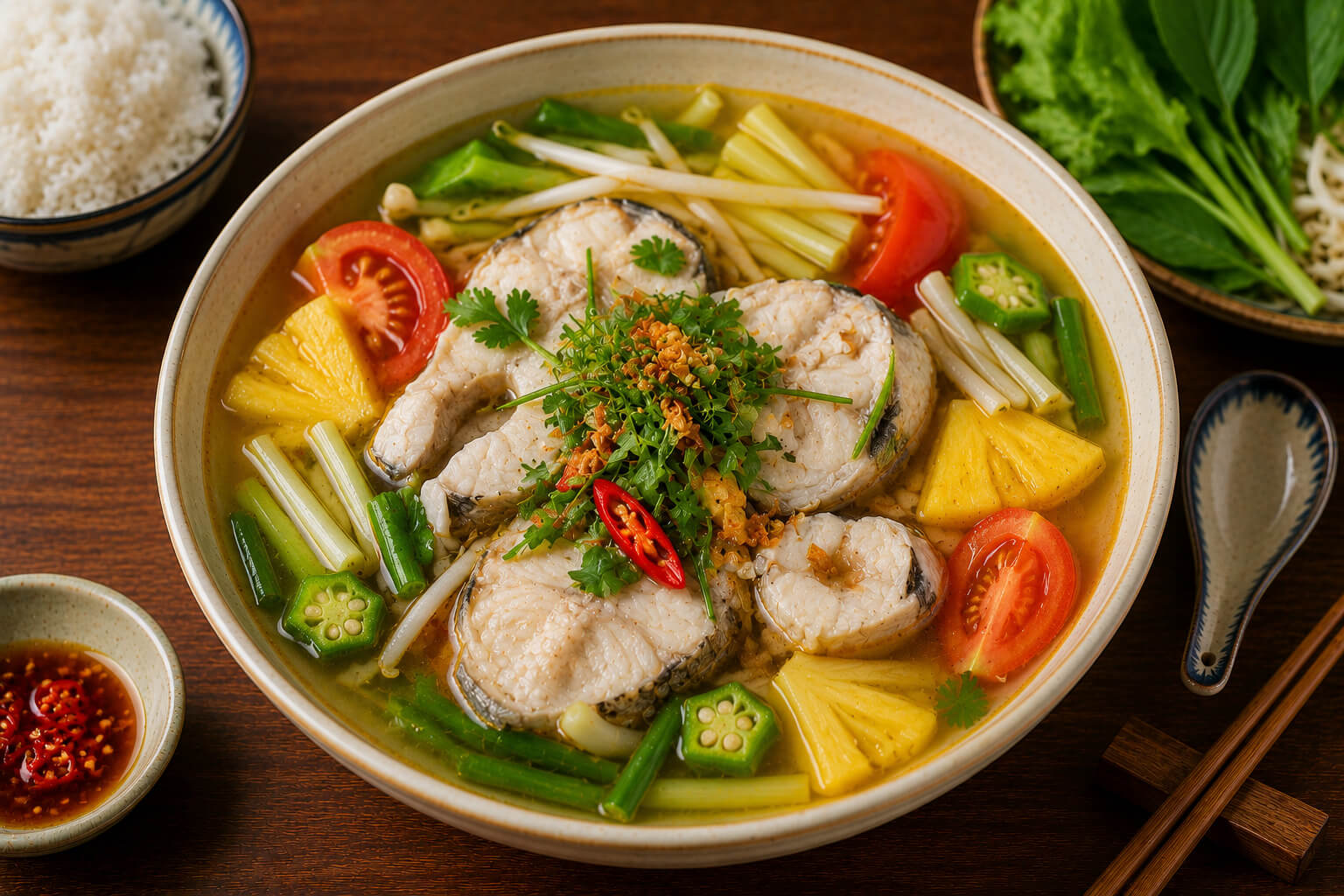 A pot of canh chua sweet sour fish soup