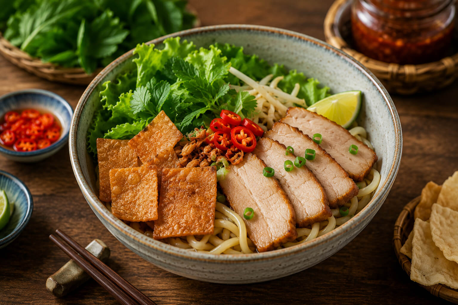 A bowl of cao lầu — thick chewy noodles topped with char siu pork, crispy rice crackers, bean sprouts and fresh herbs in Hoi An
