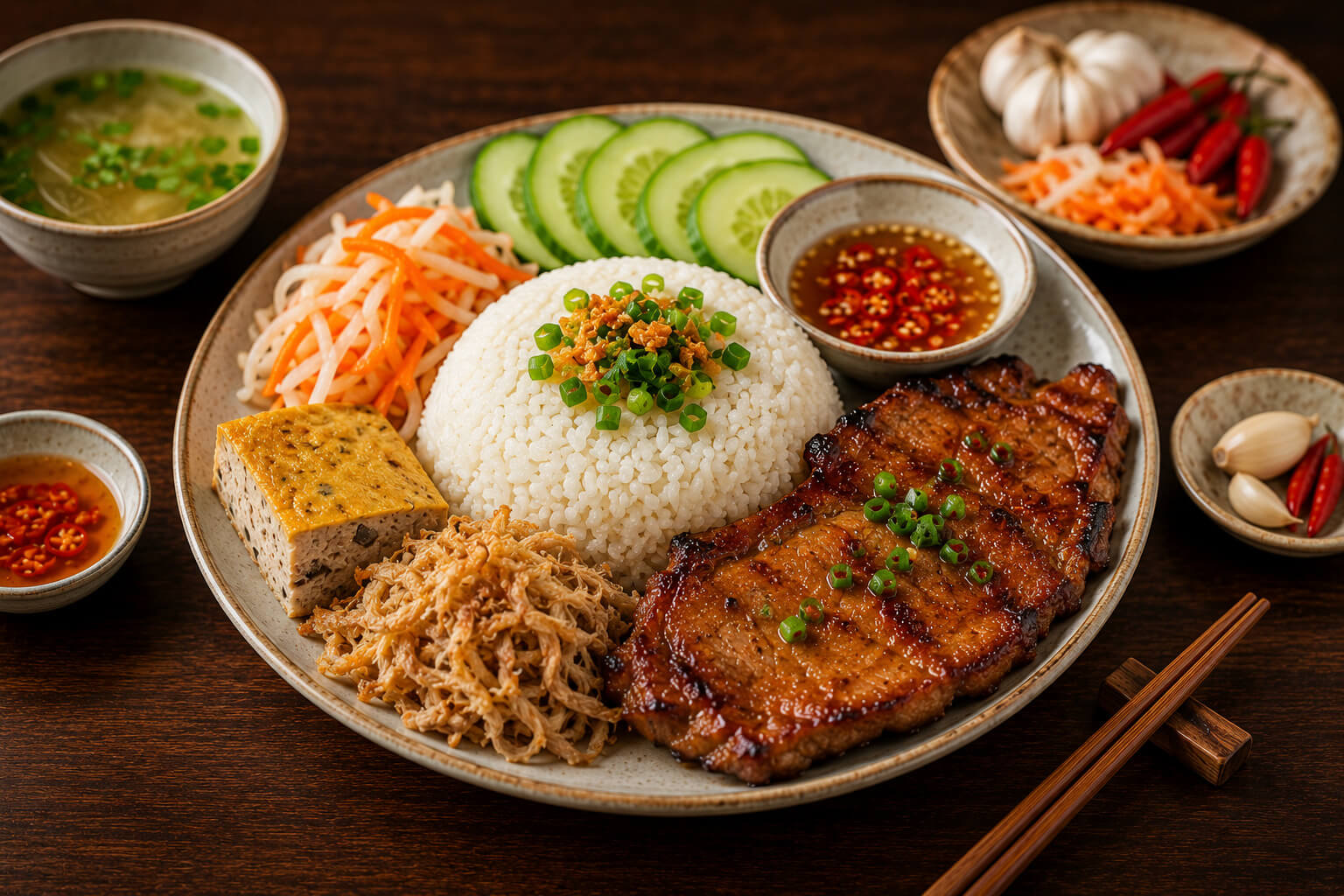 Com tam broken rice with grilled pork chop