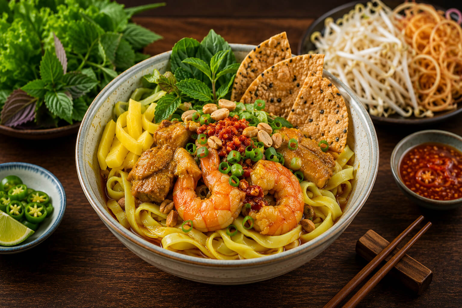 Mi quang turmeric noodles with peanuts