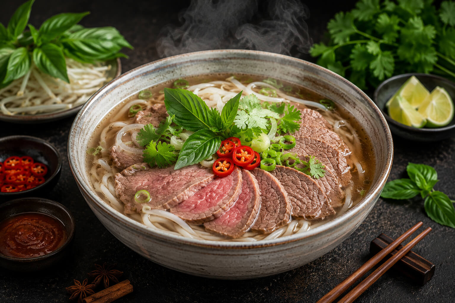 A bowl of pho with fresh herbs, lime and bean sprouts on a Hanoi street